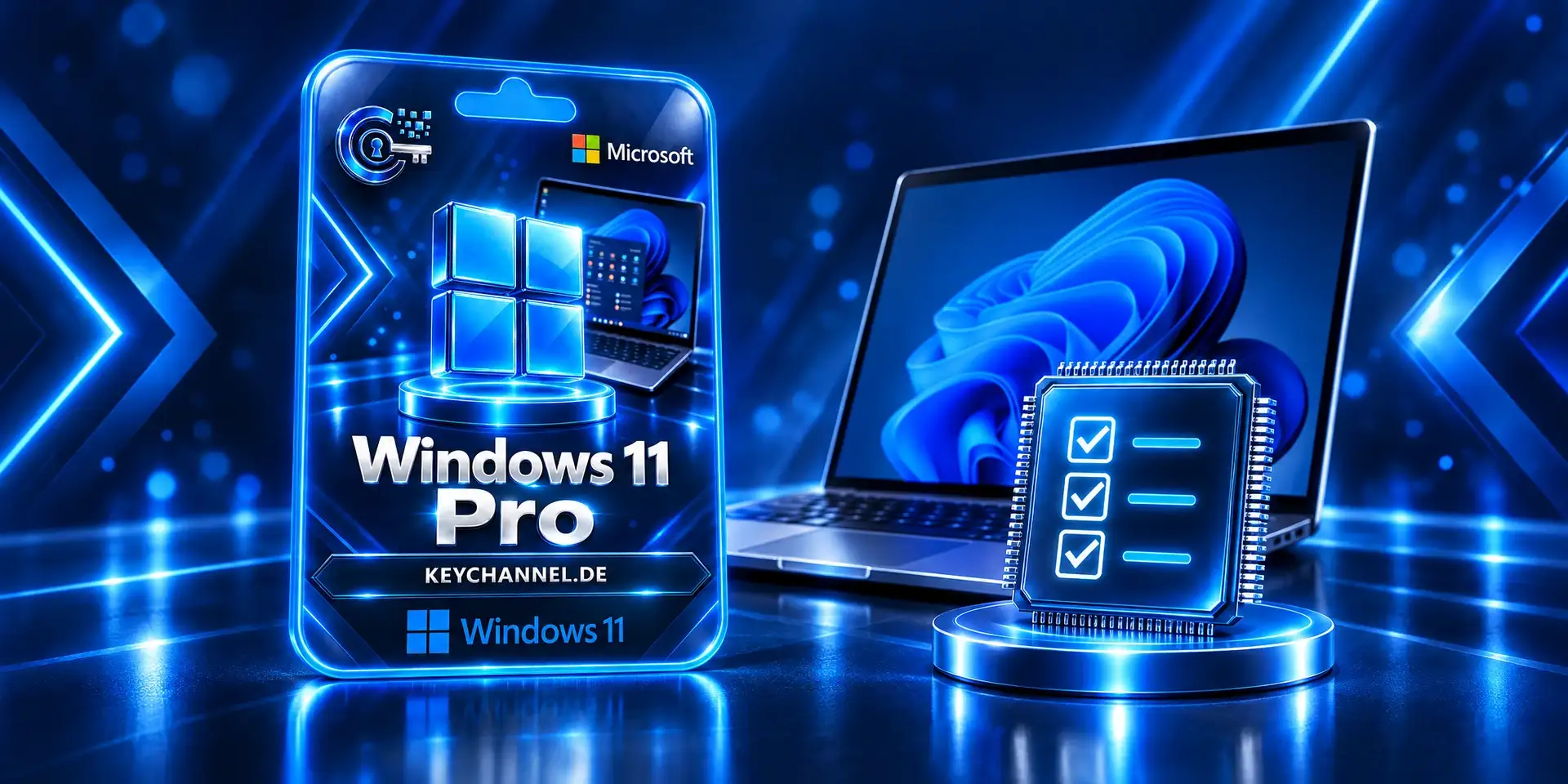 Windows-11-Produktkarte mit Laptop, Chip und Prüfliste für die Systemanforderungen