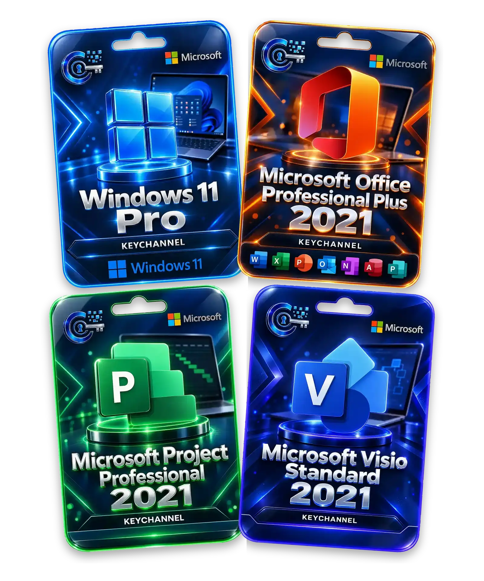 Windows 11 Pro, Office 2021 Professional Plus, Project 2021 Professional and Visio 2021 Standard – license key cards